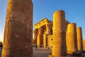 Relics Prints: View of the Temple of Horus at sunset, Edfu, Egypt, North Africa, Africa