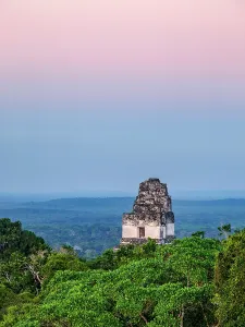 Time Prints: View of Temple I at dusk with trees and distant hills in Tikal
