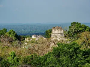 Central Prints: View of Temple II at Tikal surrounded by jungle in Guatemala showcasing ancient Mayan architecture and natural scenery