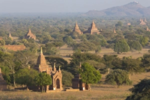 Shwesandaw Paya Prints: View over the temples of Bagan bathed in evening sunlight