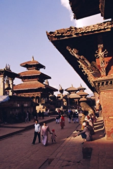Nepalese Prints: View of temples and people walking in Durbar Square