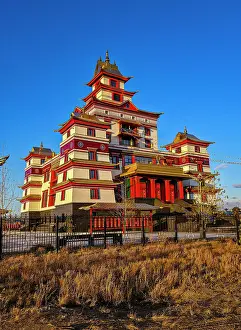 Worship Prints: View of Thubten Shedrub Ling monastery with bright blue sky