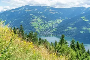 Lakeside Prints: View of Thumersbach from Plettsaukopf Reservoir on a sunny day
