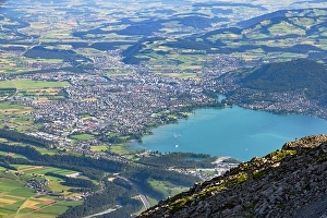 Thun Prints: View of Thun from Niesen mountain, Canton of Bern, Switzerland