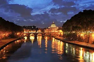 Tiber River Prints: View across Tiber River towards St. Peters Basilica, Rome, Lazio, Italy, Europe