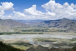 View of Tibetan plateau, from Ganden Monastery, near Lhasa, Tibet, China, Asia