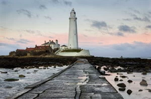 Images Dated 10th December 2008: View along the tidal causeway to St. Marys Island and St. Marys Lighthouse at dusk
