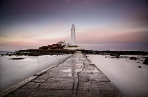 Images Dated 10th December 2008: View along the tidal causeway to St. Marys Island and St. Marys Lighthouse at dusk