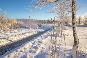 Tjornin Prints: View of Tjornin park and Hallgrimskirkja on a sunny day in winter, Reykjavik, Iceland