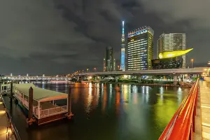 Bustling Prints: View of Tokyo Skytree, Azuma Bridge and Sumida River at night