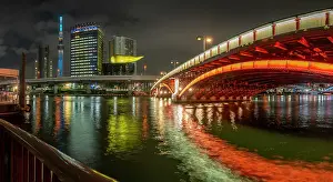 Asakusa Prints: View of Tokyo Skytree, Azuma Bridge and Sumida River at night
