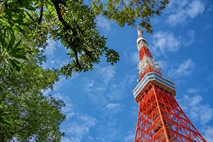 Towering Prints: View of Tokyo Tower from its base against blue sky
