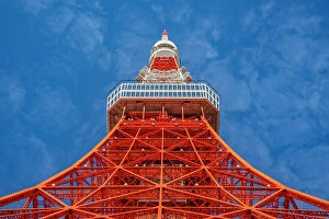 Steel Prints: View of Tokyo Tower from its base against blue sky