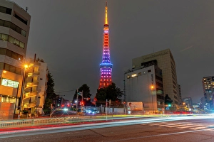 Minato Prints: View of Tokyo Tower and city buildings at night, Minato City, Tokyo, Honshu, Japan