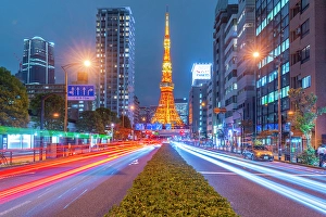 Tokyo Prints: View of Tokyo Tower, city street and trail lights at night