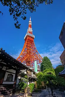 Eastern Prints: View of Tokyo Tower and Shinkoin Buddhist Temple against blue sky