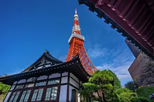 Stories Prints: View of Tokyo Tower and Shinkoin Buddhist Temple against blue sky