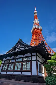 Minato Prints: View of Tokyo Tower and Shinkoin Buddhist Temple against blue sky