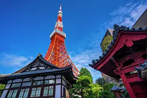 Minato Prints: View of Tokyo Tower and Shinkoin Buddhist Temple against blue sky