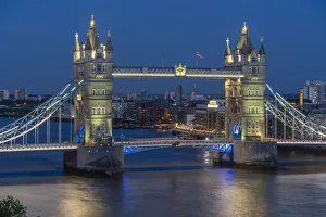 Bascule Bridge Prints: View of Tower Bridge from Cheval Three Quays at dusk, London, England, United Kingdom