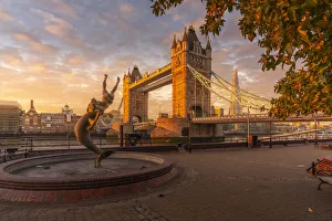Bascule Bridge Prints: View of Tower Bridge, Girl with Dolphin, The Shard and River Thames at sunrise, London