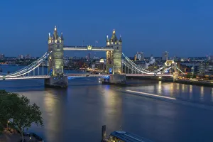 Connections Prints: View of Tower Bridge and River Thames from Cheval Three Quays at dusk, London, England