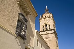 View from below to tower of the cathedral, Guadix, Granada, Andalucia (Andalusia)