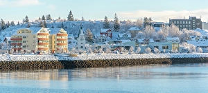 Cozy Prints: View of town and church from Hafnarfjorour Marina in winter, Hafnarfjorour, Iceland
