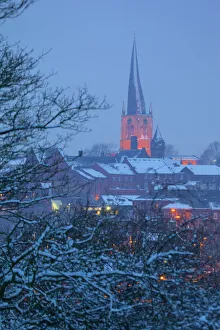 View of town and Crooked Spire Church, Chesterfield, Derbyshire, England, United Kingdom, Europe