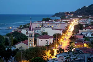 Townscape Prints: View over town at dusk, Argassi, Zante, Ionian Islands, Greek Islands, Greece, Europe