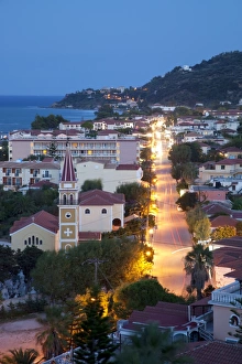 View over town at dusk, Argassi, Zante, Ionian Islands, Greek Islands, Greece, Europe