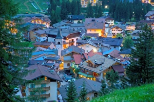 Canazei Prints: View over town at dusk, Canazei, Val di Fassa, Trentino-Alto Adige, Italy, Europe