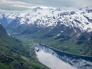 A view of the town of Loen from the aerial tramway Loen Skylift from Mt. Hoven above Nordfjord in Stryn, Norway