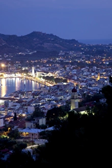 Zakynthos Prints: View of town from Strani Hill at dusk, Zakynthos Town, Zakynthos, Ionian Islands