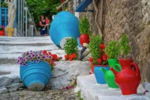 Potted Plant Prints: View of traditional colourful plant pots in Kos Town