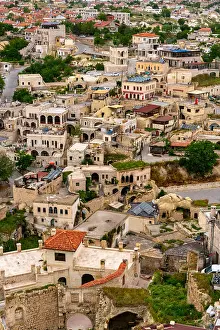 Cappadocia Prints: View of traditional houses in Ortahisar city from the castle in Cappadocia, Turkey