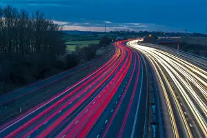 Light Trail Prints: View of traffic trail lights on M1 motorway near Chesterfield, Derbyshire, England