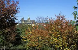Mala Strana Prints: View of trees in autumn colours on Petrin Hill Gardens with Prague Castle in the distance