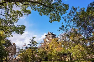 Hiroshima Prints: View Through Trees Toward Hiroshima Castle Tower with Blue Sky, Hiroshima, Japan
