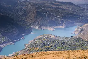 Panoramas Prints: View over turquoise water of Guejar Sierra reservoir surrounded by mountain valleys in Sierra Nevada region located