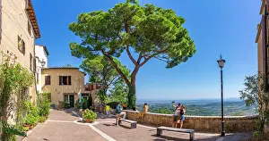 View of Tuscan landscape from Vicolo della Mura in Montepulciano, Montepulciano, Province of Siena, Tuscany, Italy, Europe