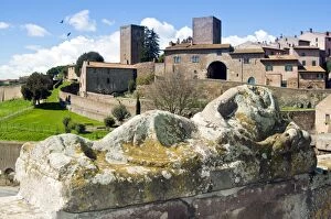 Images Dated 28th April 2011: View of Tuscania from Piazza Bastianini and Etruscan sarcophagus, Tuscania
