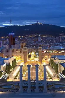 Palau Nacional Prints: View at twilight from the steps to the Palau Nacional on Montjuic Hill over Barcelona