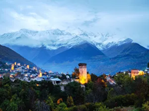 Georgia Prints: View of the typical Svaneti towers at blue hour in Mestia, Samegrelo-Upper Svaneti