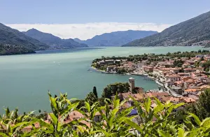 Lake Como Prints: View of the typical village of Gravedona surrounded by Lake Como and gardens