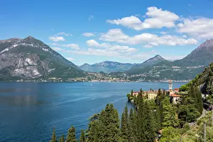 Lake Como Prints: View of the typical village of Varenna and Lake Como surrounded by mountains