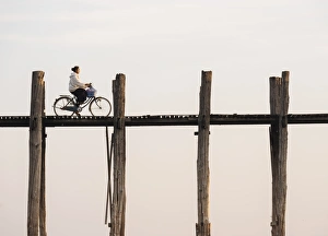 Mandalay Prints: View of U-Bein Bridge at dawn, Amarapura, Mandalay, Mandalay Region, Myanmar (Burma)