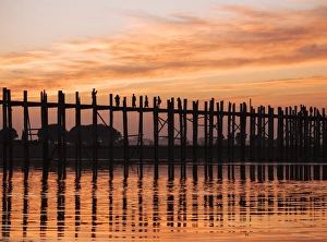 Mandalay Prints: View of U-Bein Bridge at sunset, Amarapura, Mandalay, Mandalay Region, Myanmar (Burma)