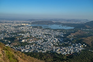 Udaipur Prints: View over Udaipur from Monsoon Palace (Sajjan Garh Palace), Udaipur, Rajasthan, India