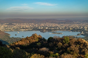 Udaipur Prints: View over Udaipur from Monsoon Palace (Sajjan Garh Palace), Udaipur, Rajasthan, India